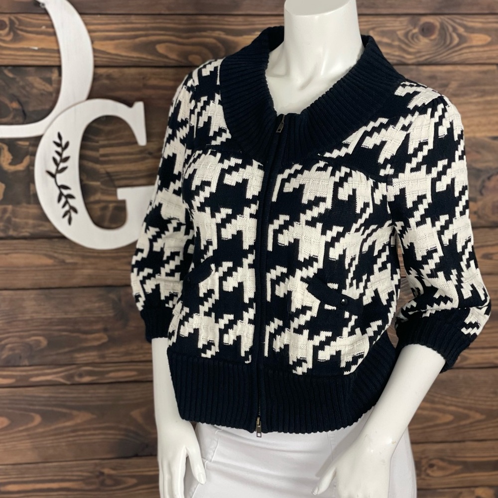 5|48 | Houndstooth Chunky Knitted Sweater‎ Zipper Zip Front Ribbed Knit